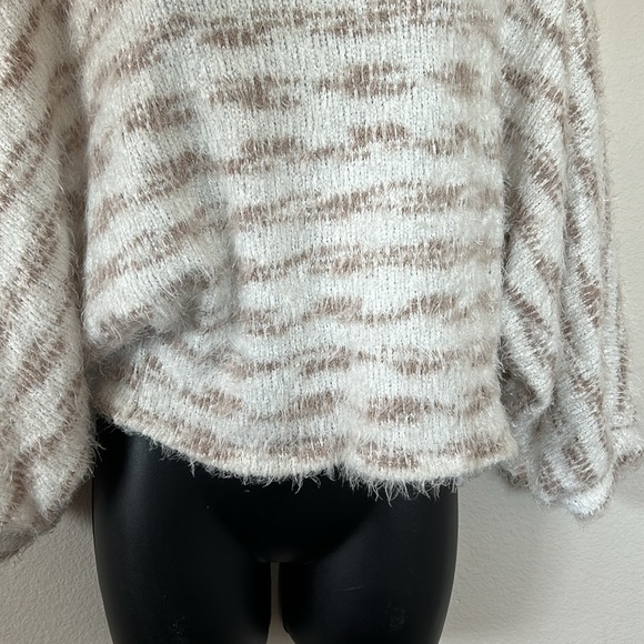 Jolie Cream and Brown Fuzzy Striped Dolman Sleeve Boat Neck Sweater - Picture 3 of 6